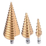 Set burghie conice in trepte pentru metal AMiO, otel rapid HSS cu acoperire titan, 3 bucati, 4-12 mm, 4-20 mm, 4-32 mm, trepte la 2 mm, tija 6 mm