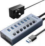 ORICO USB Hub 3.0 cu 7 porturi USB Data Hub cu adaptor de alimentare 12V2A, Indi