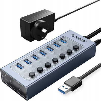 ORICO USB Hub 3.0 cu 7 porturi USB Data Hub cu adaptor de alimentare 12V2A, Indi foto