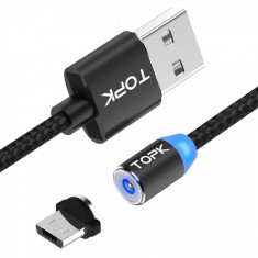 Cablu de incarcare TOPK magnetic LED 2.4A MicroUSB de 1m, negru foto