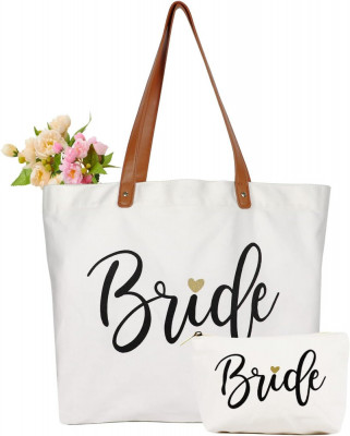 yba Bride Tote Bag cu sac de machiaj, Cadouri pentru logodnă/duș mireasă/Bachelo foto