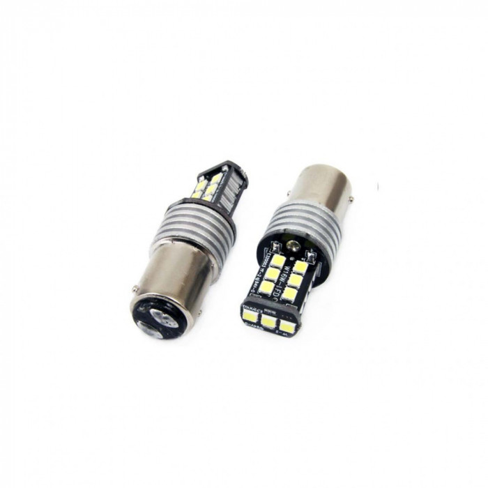 Set becuri auto cu LED CANBUS compatibil P21 5W BA15D 15 SMD 7.5W Alb 12 24V, destinat competitiilor auto sau off-road