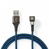 Cablu USB 2.0 A tata - USB-C, conector gaming 180掳, 2m, negru/albastru, Nedis