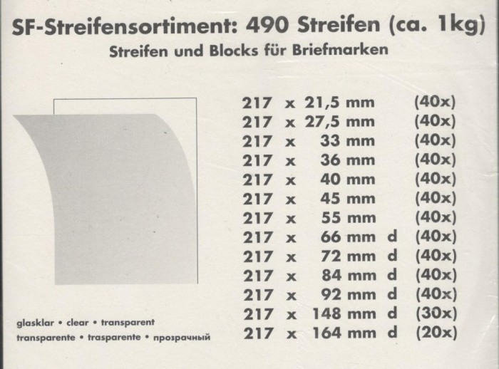 Posete filatelice L=217 mm. diferite inaltimi 26-160 mm. spate negru 1000 gr.