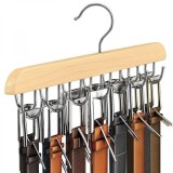 Umeras din lemn si otel, cu 14 suporturi rotative 360&deg;, pentru curele, dimensiuni 37 cm x 14 cm, argintiu/maro