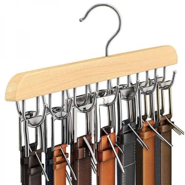 Umeras din lemn si otel, cu 14 suporturi rotative 360&deg;, pentru curele, dimensiuni 37 cm x 14 cm, argintiu/maro