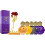 Cumpara ieftin Set pentru dama, 5 ape de parfum Far Away si trandafir rosu suflat la baza cu aur, suport si cutie incluse, 50 ml