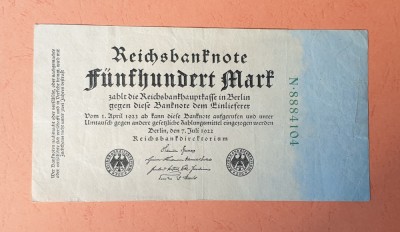 500 Marci anul 1922 - Bancnota veche Germania Reichsbanknote foto