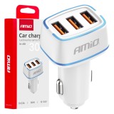 Incarcator auto AMiO 3 x USB-A 30W alb, pentru priza bricheta, alimentare 12-24V DC, incarcare simultana pentru 3 dispozitive