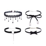 Set 4 Coliere Choker Negre, Elegante, Ajustabile, Zirconiu, Stiluri Multiple, Femei