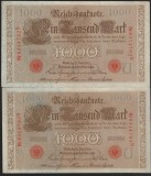 GERMANIA 2 X 1000 / 1.000 MARCI / MARK 1910 - Serii Consecutive [26] P - 44b , Serie Rosie , Sufix N , 7 cifre Litera U , a UNC / UNC