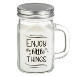 Lum&acirc;nare Parafină, Enjoy the Little Things, Parfum Iasomie, Alb, Borcan Sticlă cu Capac Metalic, 7x12 cm, Durată Ardere 48 Ore, Oem