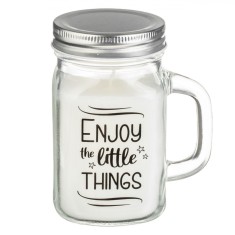 Lum&acirc;nare Parafină, Enjoy the Little Things, Parfum Iasomie, Alb, Borcan Sticlă cu Capac Metalic, 7x12 cm, Durată Ardere 48 Ore