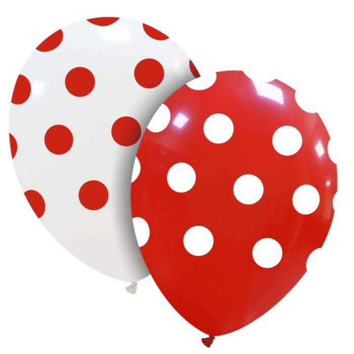 Set 10 baloane din latex, flippy, model party cu buline, 30 cm, alb si rosu, 2.8 g