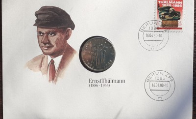 GERMANIA DEMOCRATA - FDC SI MONEDA UNC 10 MARK 1986, ERNST THALMANN 1886-1944 foto