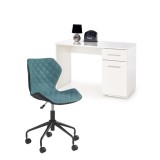 Set birou HM Lima B1, cu usa si sertar, PAL melaminat, 120x55x75 cm, alb si scaun copii HM Matrix, Ergonomic, Stofa/Piele ecologica, 100 Kg, Negru/Tur