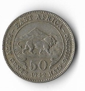 Moneda 50 cents 1942 - East Africa, 3,8879 g argint 0,250