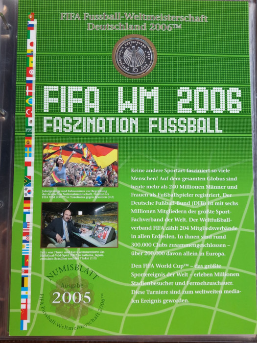 GERMANIA - FDC + MONEDA PROOF - 10 EURO 2005, CAMPIONATUL MONDIAL DE FOTBAL 2006