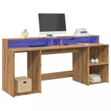 VidaXL Birou cu lumini LED stejar artizanal 200x55x91cm lemn prelucrat