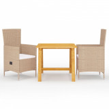 Set Masa Gradina 3 Piese vidaXL, Lemn Acacia, Ratan PE, Bej/Crem, Rabatabil, 88x88x74 cm, Scaune cu Perne