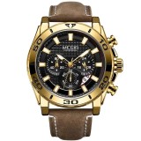 Ceas Barbati MEGIR 2094 Gold , Quartz, Curea Piele, Cronograf, Rezistent la Apa, Lumina, Calendar Complet, Stil Fashion Casual
