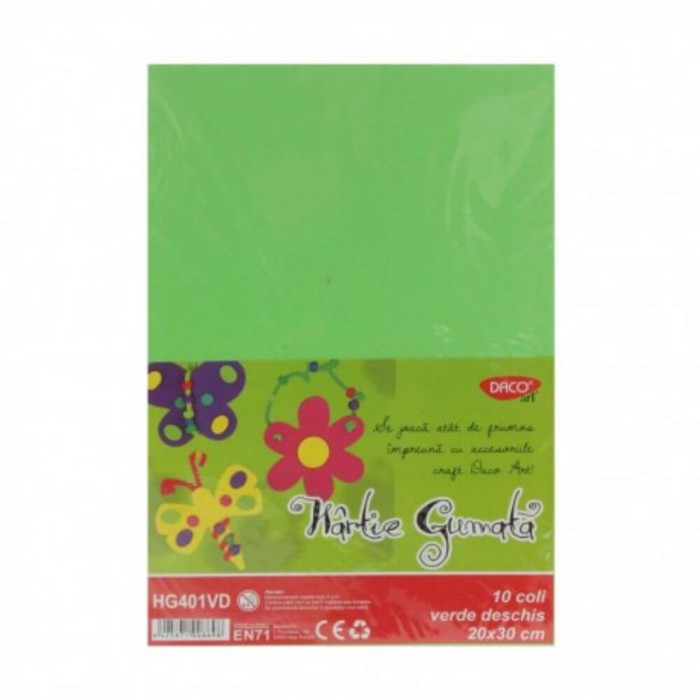 Hartie Gumata DACO, 20x30 cm, 10 Coli/Top, Verde Deschis, Hartie Gumata, Hartie Gumata pentru Scoala, Hartie Gumata Verde, Coala Gumata, Coala Gumata