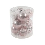 Globuri de Craciun, roz + alb, SY23QJHB-341, 8 cm, plastic, rotunde, set 12 bucati