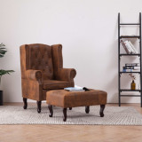 vidaXL Fotoliu Chesterfield Maro cu Taburet, Imitatie Piele Intoarsa, Cadru Lemn, 78x67x108 cm