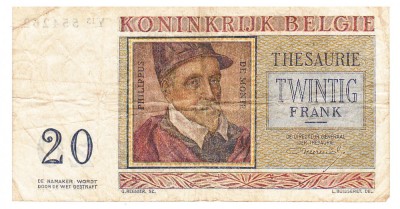 Belgia 20 Franci 1956 P-132 Seria 554262 foto