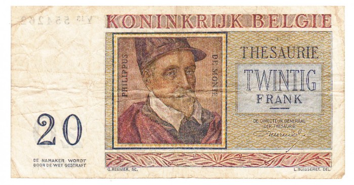 Belgia 20 Franci 1956 P-132 Seria 554262