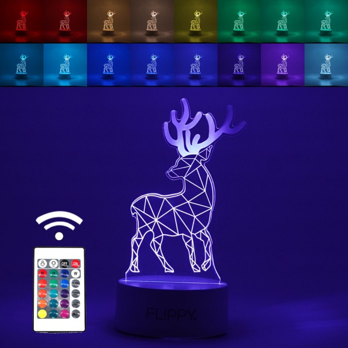 Lampa led decorativa, flippy, 3d, cerb, cu telecomanda, doua moduri de alimentare usb si baterii, 20 cm inaltime, din material acril si lumina multico