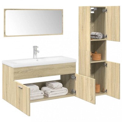 Set mobilier de baie, 3 piese, stejar sonoma, lemn prelucrat foto