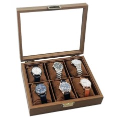 Caseta eleganta din lemn pentru depozitare si organizare 6 ceasuri, model Pufo Noble, maro foto