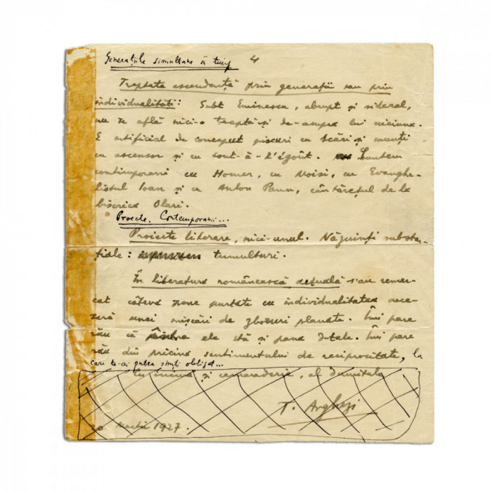 Tudor Arghezi, &bdquo;Generațiile simultane &icirc;n timp&rdquo;, filă manuscris, 1927