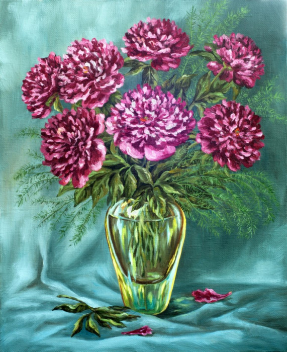 Tablou canvas Flori, bujori, mov, pictura, buchet, 40 x 60 cm