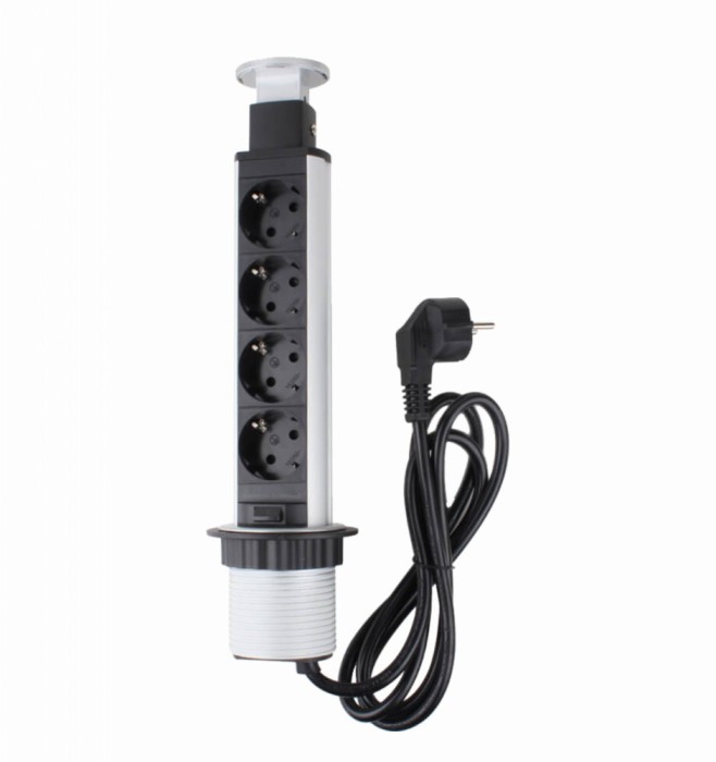 Priza schuko incastrabila in blat de birou sau bucatarie, 4 posturi 220-240VAC 16A cablu 1.8m, pop-up