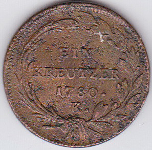 1.Austria Ungaria 1 EIN KREUTZER kreuzer 1780 K Kormoczbanya Maria Tereza,patina foto