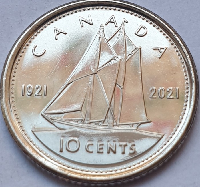 10 cents 2021 Canada, 100th Anniv. Bluenose, data dublă, clasic design, unc