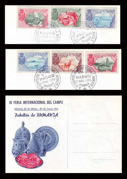 1956 Exil Romania - 2 CP filatelice Pavilionul Romanesc la Expo Agricola Madrid