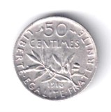 FRANTA 50 CENTIME 1918 ARGINT XF, Europa