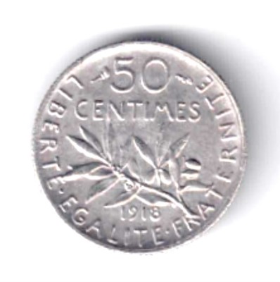 FRANTA 50 CENTIME 1918 ARGINT XF foto