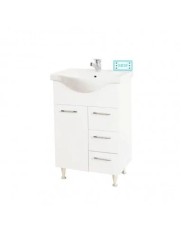Baza si lavoar ceramic GN1531, mobilier baie stativ 55 cm, front MDF, 2 usi, 2 sertare, balamale soft close, picioare cromate reglabile, alb