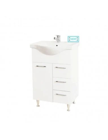 Baza si lavoar ceramic GN1531, mobilier baie stativ 55 cm, front MDF, 2 usi, 2 sertare, balamale soft close, picioare cromate reglabile, alb