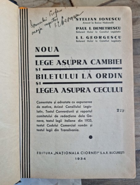 Noua lege a Cambiei si Biletului la Ordin si Legea asupra Cecului - Stelian Ionescu