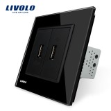 Priza dubla USB Livolo neagra cu rama din sticla securizata