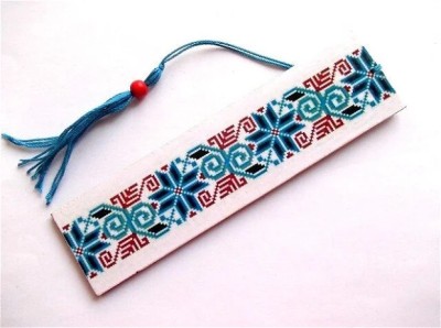 Semn de carte cu motiv traditional rosu si albastru, semn de carte pe lemn 36272 foto