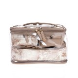 Set 4 genti cosmetice bej cu imprimeu floral si husa transparenta