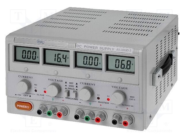 Sursa de alimentare, AXIOMET, AX-3005D-3, LCD, 3 canale, pentru experimente de fizică și inginerie electrică, Setare tensiune cu buton rotativ