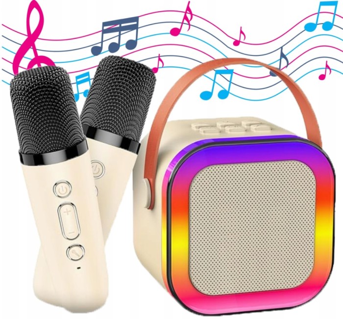SET KARAOKE DIFUZOR FĂRĂ FIR DOUĂ MICROFOANE BT COLORURI PORTABIL RGB