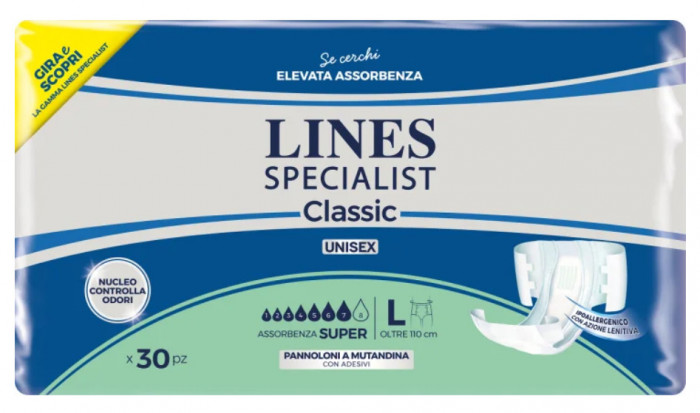 Scutece pentru adulti Lines Specialist Classic Super, 7 picaturi, marimea L, 30 bucati, unisex